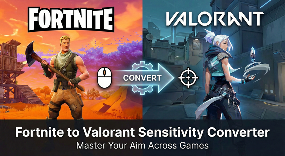 Fortnite to Valorant Sensitivity Converter graphic showing a split screen with Fortnite and Valorant characters and a mouse conversion arrow.