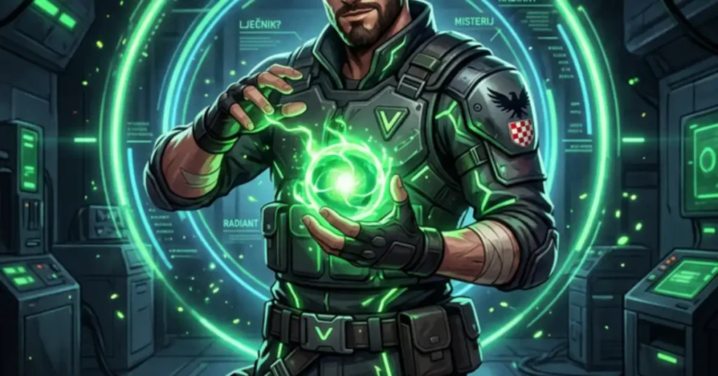 A cinematic teaser showing a rumored new Valorant Radiant healer agent from Croatia holding a green energy orb