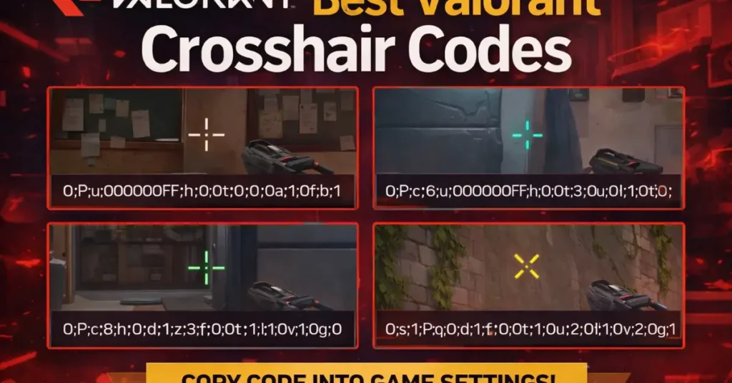 Infographic showing the best Valorant crosshair codes for accurate aiming including multiple crosshair styles and codes players can copy into game settings.
