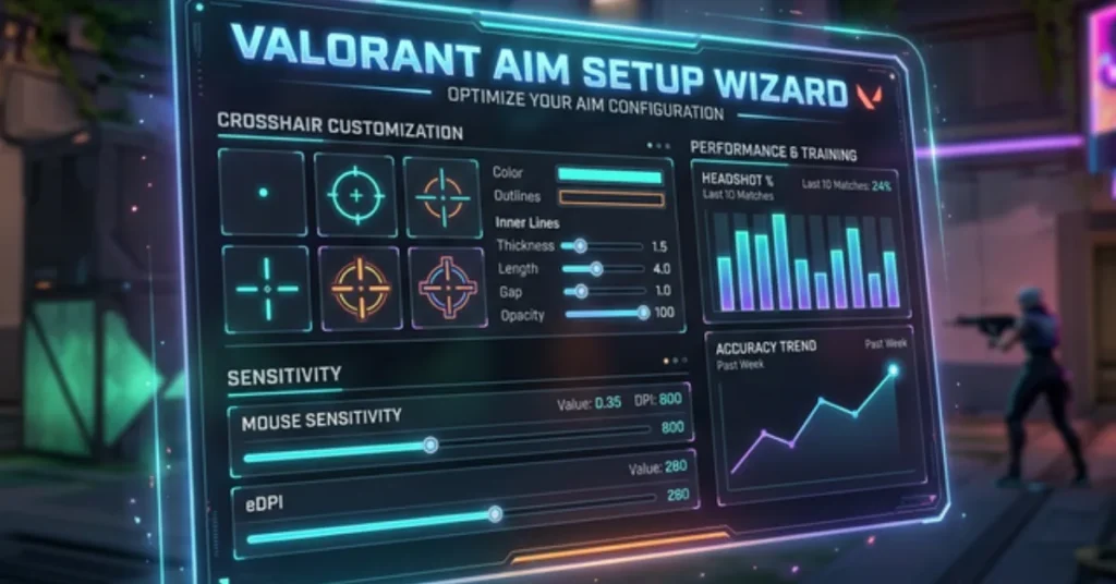 Valorant Aim Setup Wizard guide showing sensitivity, crosshair, and aim optimization settings