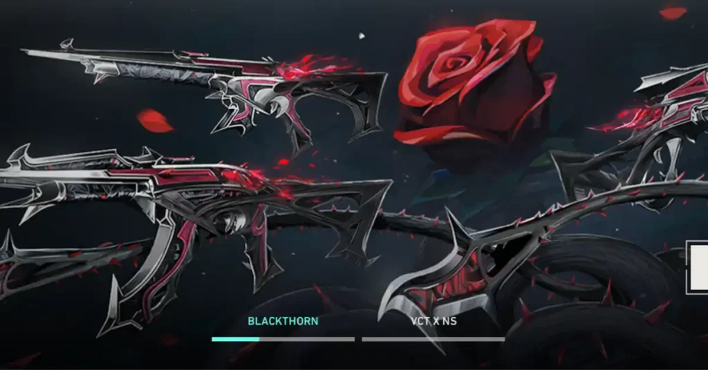 Showcase of the new Valorant Blackthorn bundle featuring the Vandal, melee variants, and complete set.