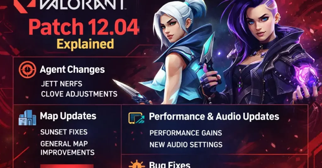 Infographic explaining Valorant Patch 12.04 including agent changes, Jett nerfs, Clove adjustments, map updates, performance improvements, and bug fixes.