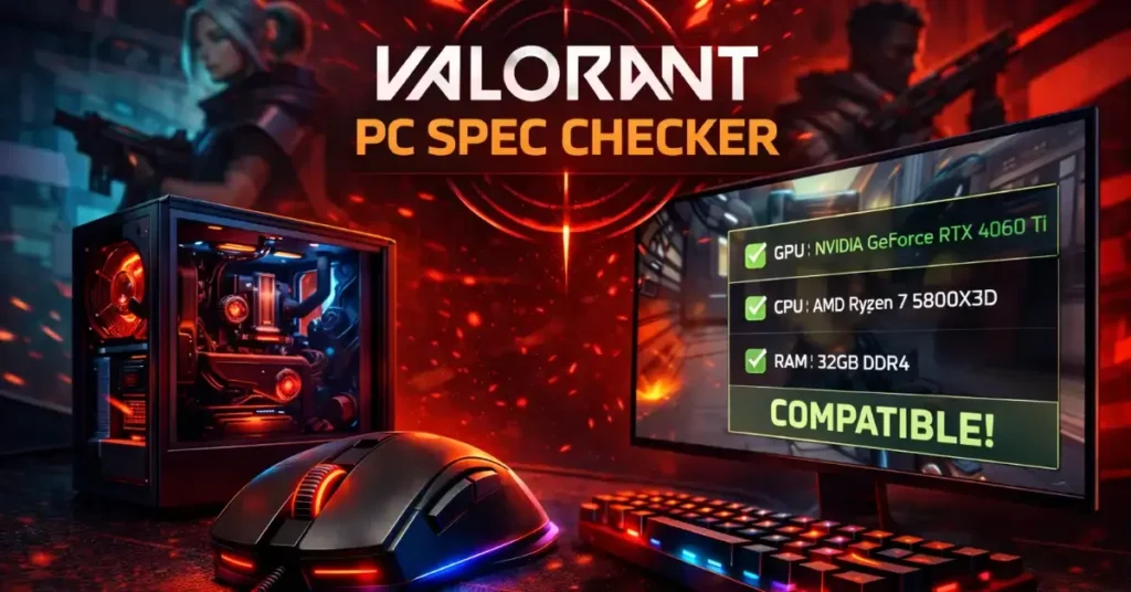 Valorant PC Spec Checker tool showing system requirements comparison and performance analysis