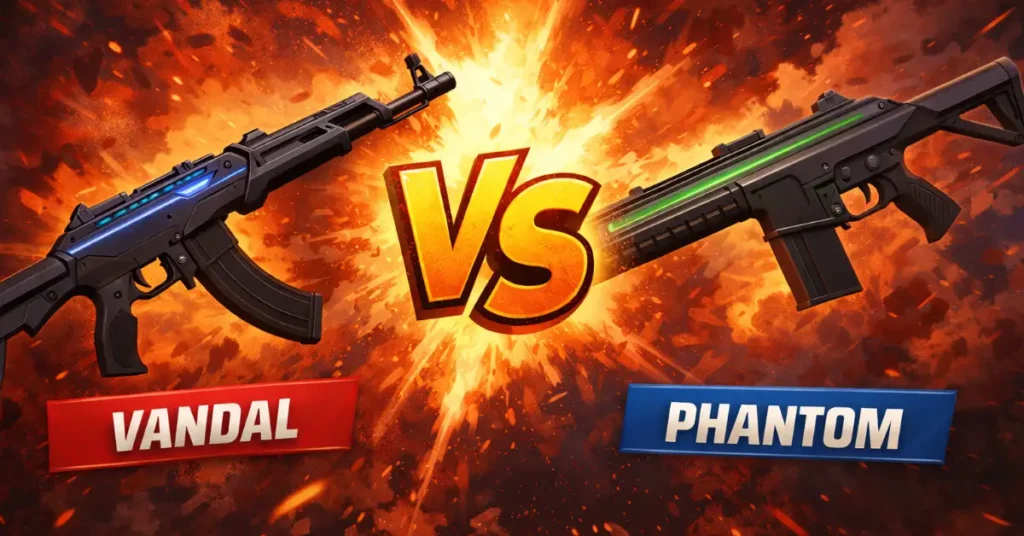Vandal vs Phantom Valorant rifle comparison showing both guns side by side